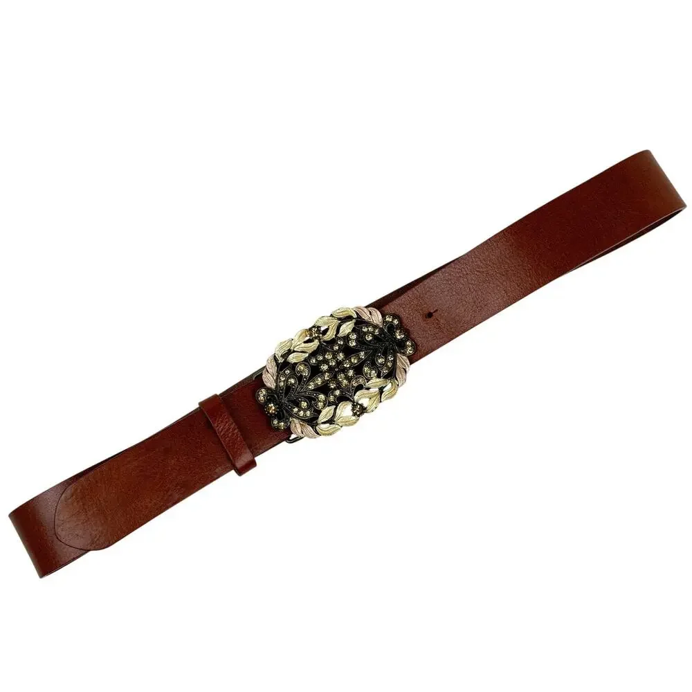 CAbi Floral Filigree Statement Buckle Leather Belt Brown Size M Boho Western